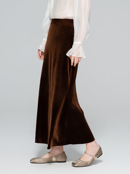 Slimming High-Waist Silk Velvet Midi Skirt for Women