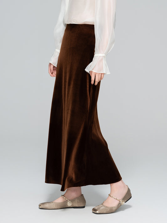 Slimming High-Waist Silk Velvet Midi Skirt for Women