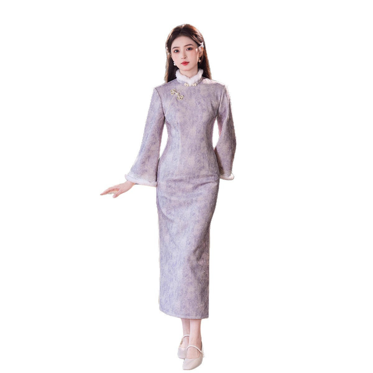 New Chinese Style Purple Qipao | Thickened Warm Retro Winter Dress