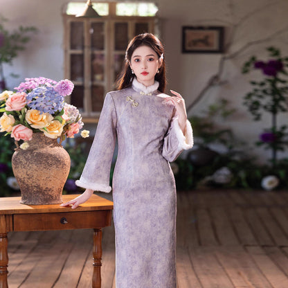 New Chinese Style Purple Qipao | Thickened Warm Retro Winter Dress