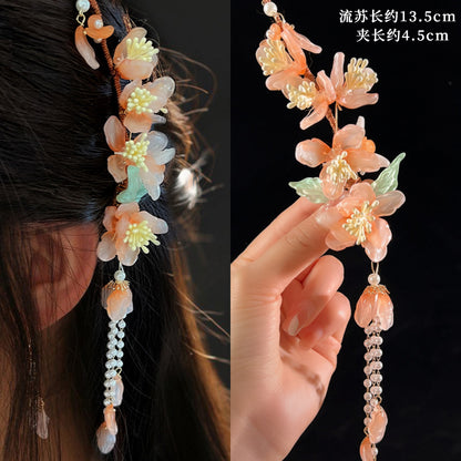 Orchid tassel headdress with side clips and new Chinese flower hairpins