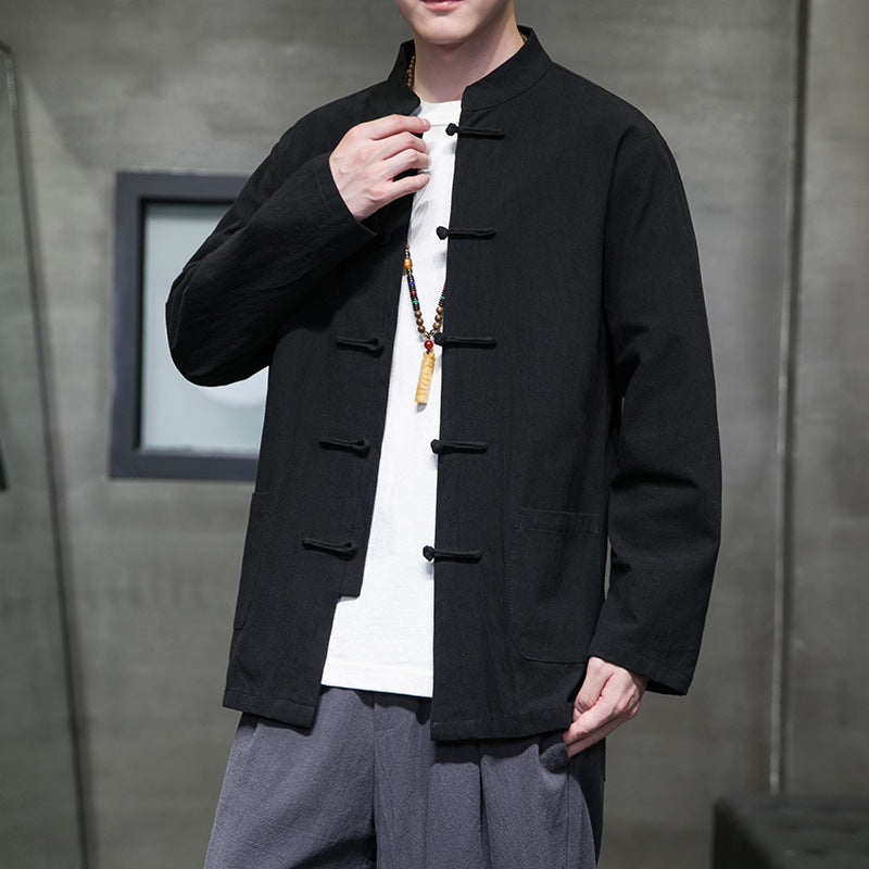 Mens Autumn Chinese Style Hanfu Tang Suit Button Up Cotton Linen Top