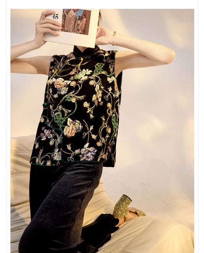 Elegant Velvet Floral Sequin Vest – High-End Women's Fashion