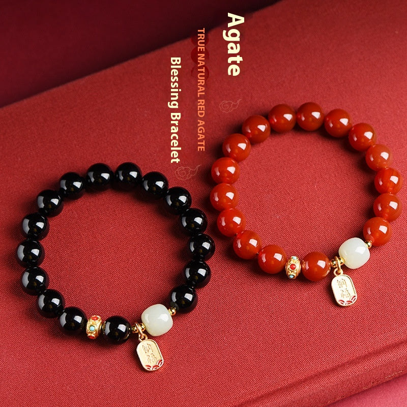 Natural Red Agate & Obsidian Bracelet — Lucky Protection Charm for Zodiac Year