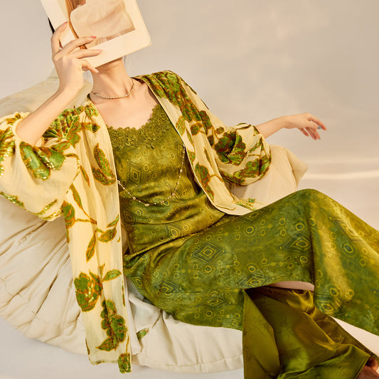 Velvet Burnout Jacket & Printed Cardigan Dress Set for Autumn