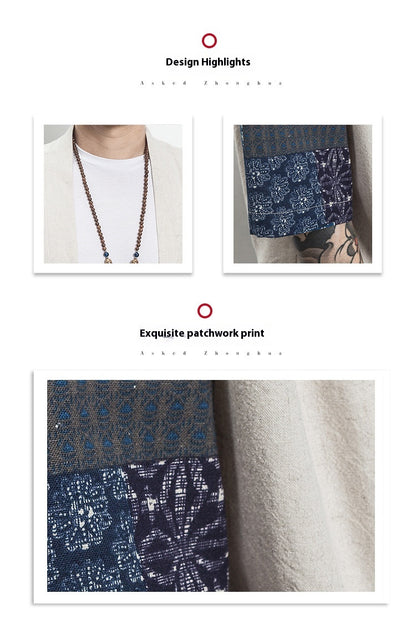 Summer Chinese Hanfu Cardigan Men’s Cotton Linen Patchwork Robe