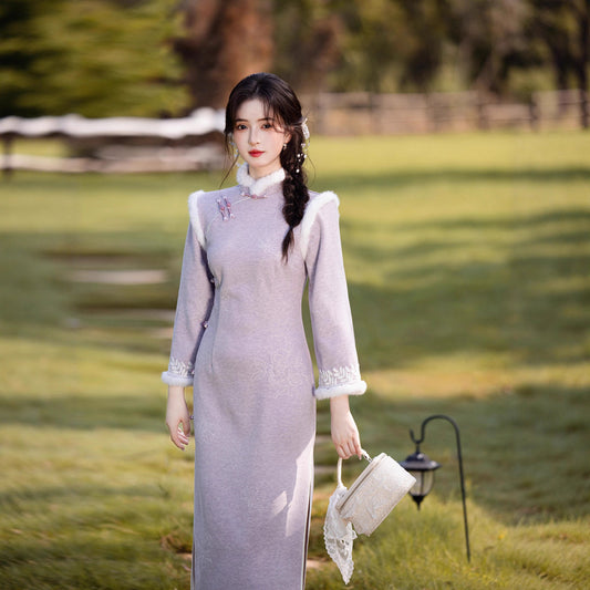 Embroidered National Style Qipao | Inverted Sleeve Winter Thickened Dress