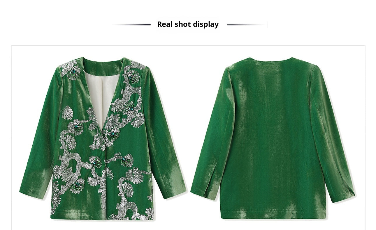 2025 Spring New Chinese Beaded Embroidered Silk Cardigan & Skirt Set