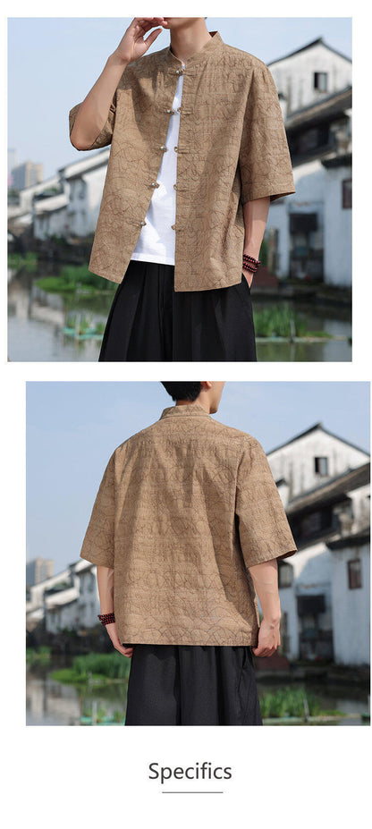 Chinese Style Mens Metal Button Jacquard Tang Shirt Summer Hanfu Top