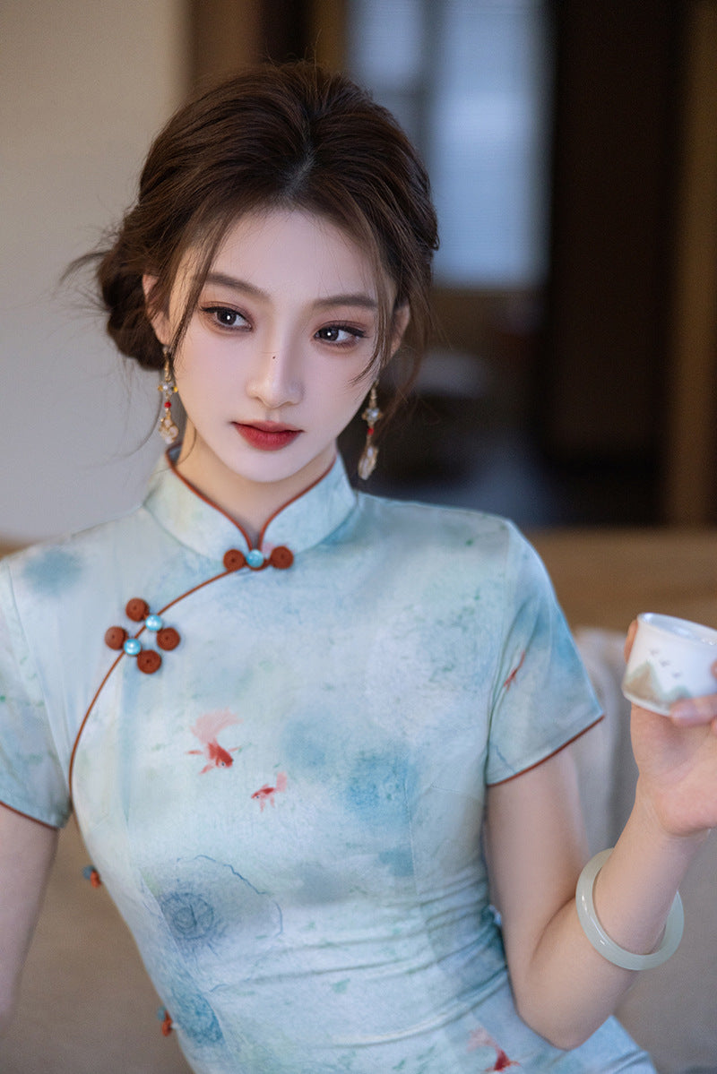 Elegant Blue Cheongsam – Daily Wear 2025 Spring Dress