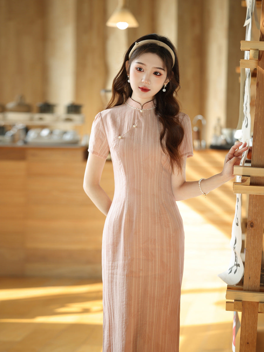 Elegant Pink Cheongsam – New Chinese Style High-End Dress