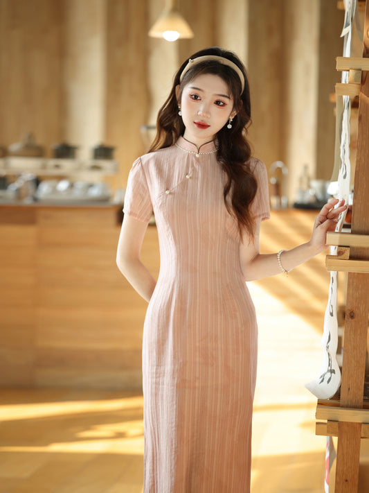 Elegant Pink Cheongsam – New Chinese Style High-End Dress
