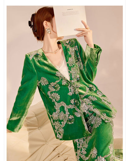 2025 Spring New Chinese Beaded Embroidered Silk Cardigan & Skirt Set