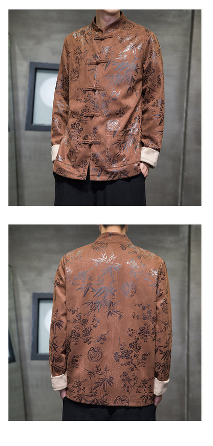 Chinese Style Mens Retro Tang Suit Button Printed Velvet Coat