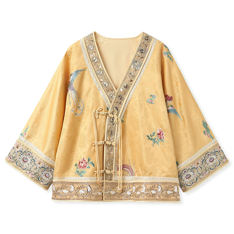 Luxury V-Neck Embroidered Jacket – Modern Chinese Style Outerwear