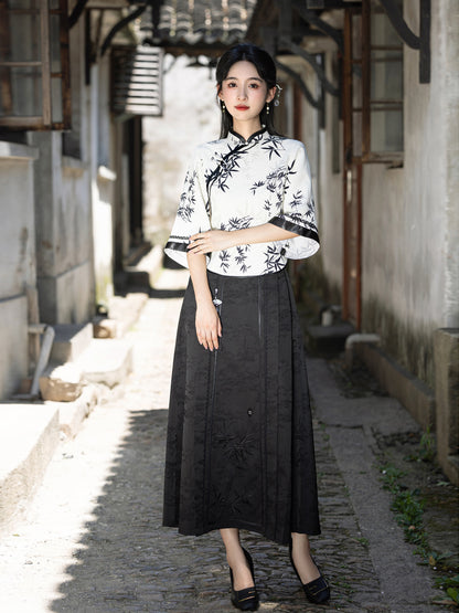 Elegant Improved Cheongsam Top & Hanfu Ink Design Skirt Set