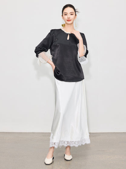 Elegant High-Waist Satin Lace Patchwork Skirt