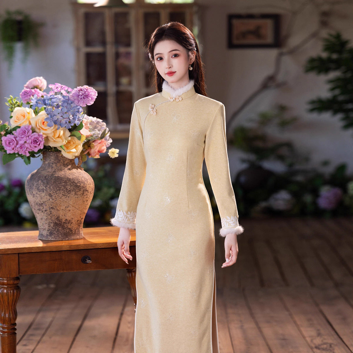 Yellow Fleece-Lined Qipao | Winter Thickened Long Sleeve New Chinese Style 2025