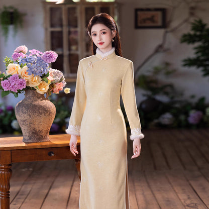 Yellow Fleece-Lined Qipao | Winter Thickened Long Sleeve New Chinese Style 2025