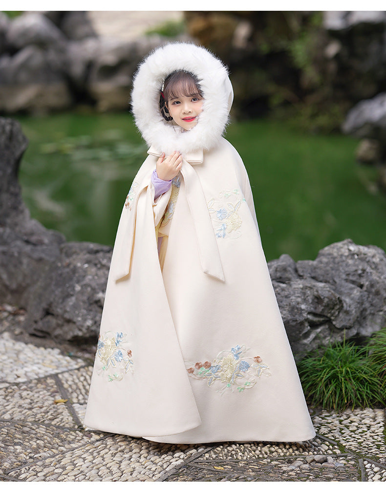 Girls' Winter Hanfu Cloak with Fur Collar Hooded Fairy Cape