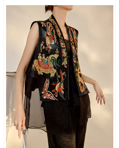 2026 New Chinese Style Silk Embroidered Mesh Patchwork Vintage Vest