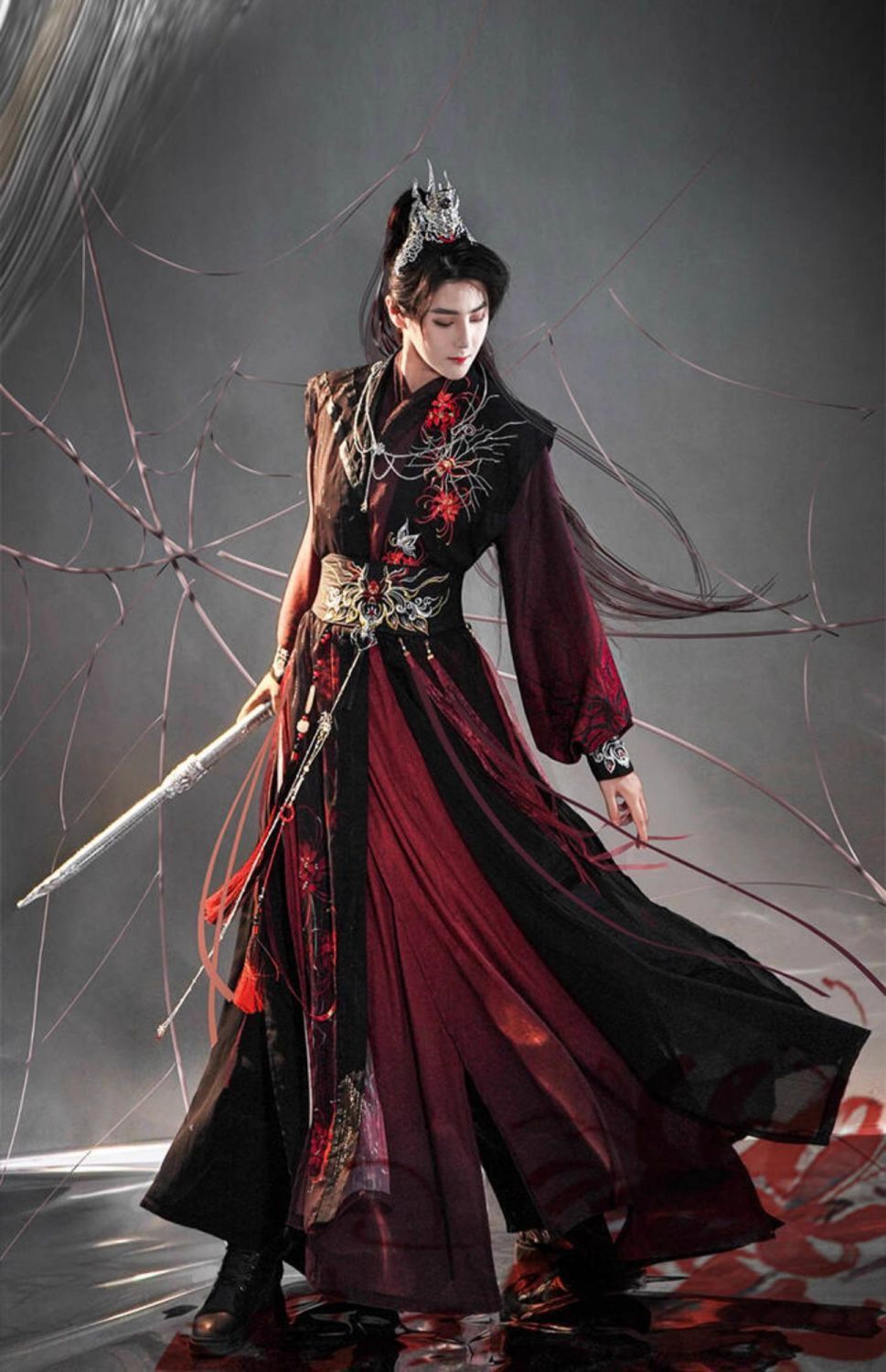 Men's and Women's Song Dynasty Hanfu Set Black Red Cross Collar Outfit