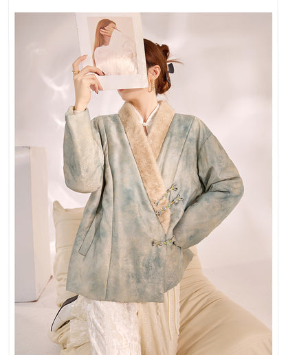 New Chinese Style Feather Collar Embroidered Cotton Jacket for Women