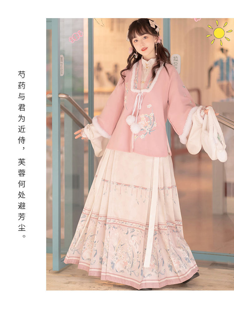Trees of Sea Women Ming Hanfu Set: Fleece Lined Embroidered Collared Jacket & Horse Face Skirt New Year Outfit