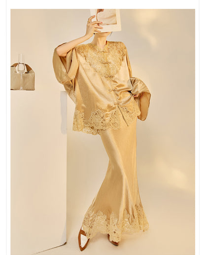 New Chinese Style Embroidered Jacket Skirt Set | Heavy Bead Lace Patchwork