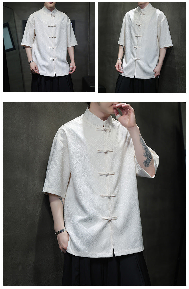 New Chinese Style Tang Shirt — Men’s Short-Sleeve Retro Button-Up Top
