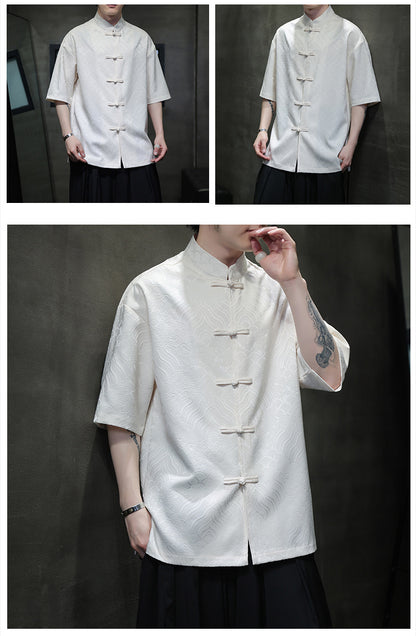 New Chinese Style Tang Shirt — Men’s Short-Sleeve Retro Button-Up Top