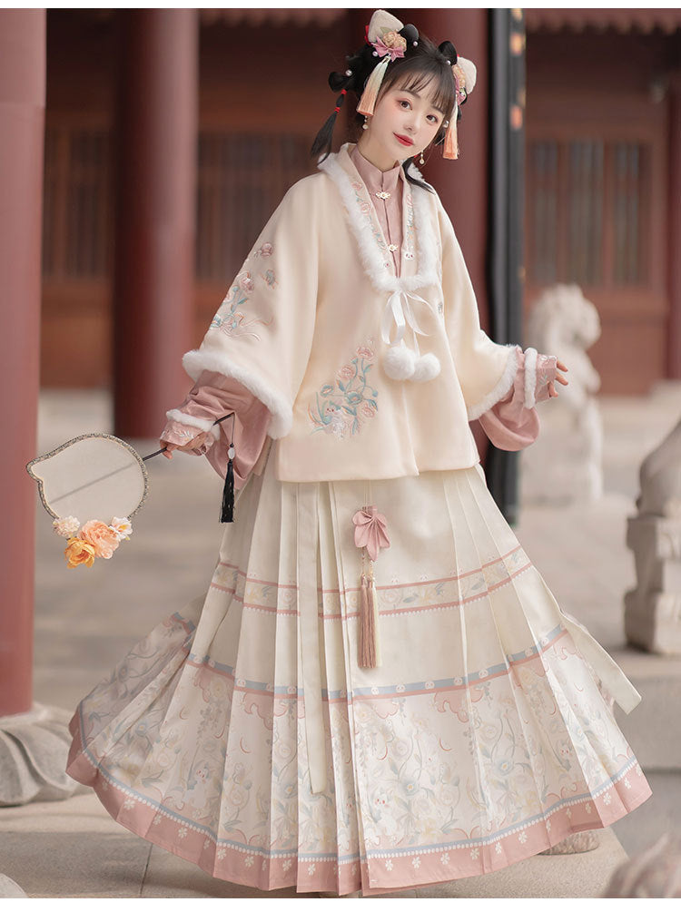 Trees of Sea Women Ming Hanfu Set: Embroidered Stand Collar Jacket & Horse Face Skirt New Year