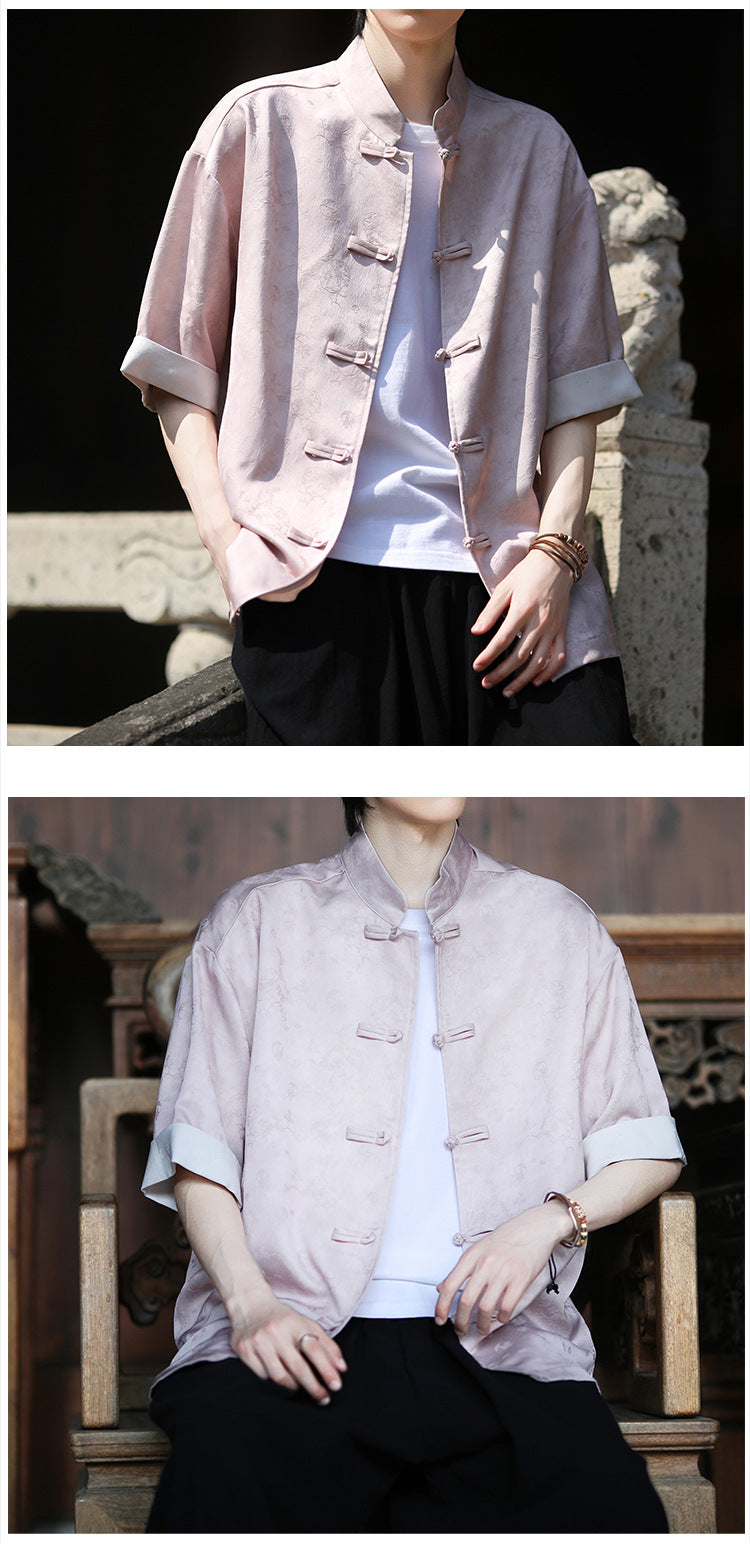 Summer Chinese Tang Suit Shirt Mens Stand Collar Short Sleeve Hanfu