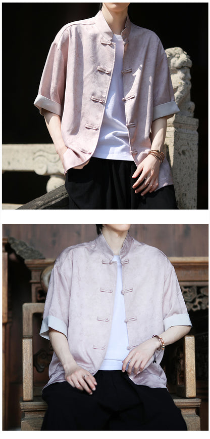 Summer Chinese Tang Suit Shirt Mens Stand Collar Short Sleeve Hanfu