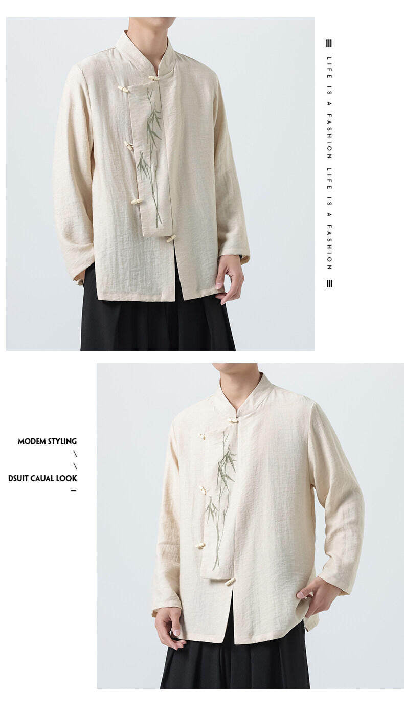 Chinese Style Mens Slanted Collar Hanfu Shirt Long Sleeve Tea Dress