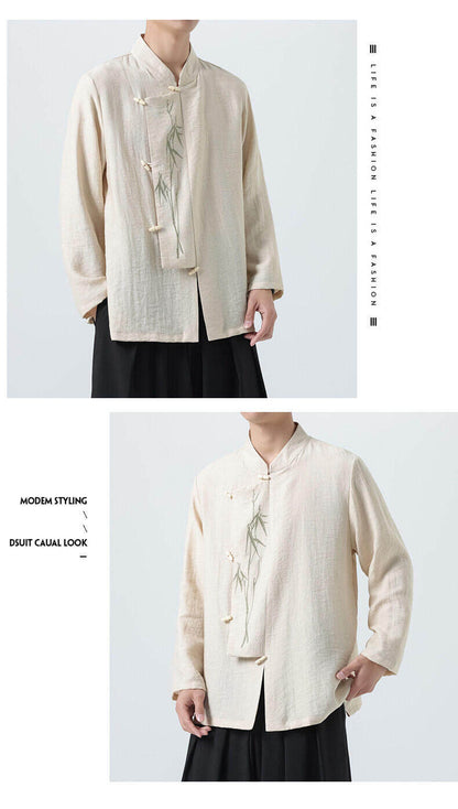 Chinese Style Mens Slanted Collar Hanfu Shirt Long Sleeve Tea Dress