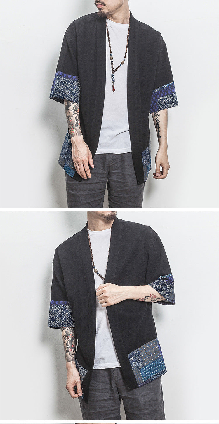 Summer Chinese Hanfu Cardigan Men’s Cotton Linen Patchwork Robe