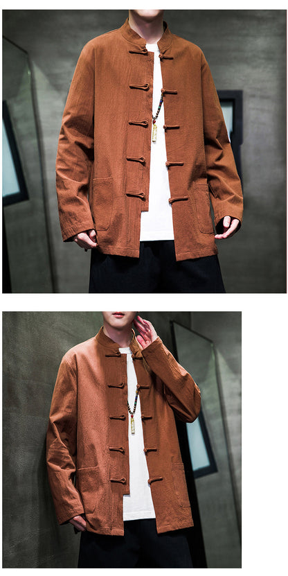 Mens Autumn Chinese Style Hanfu Tang Suit Button Up Cotton Linen Top