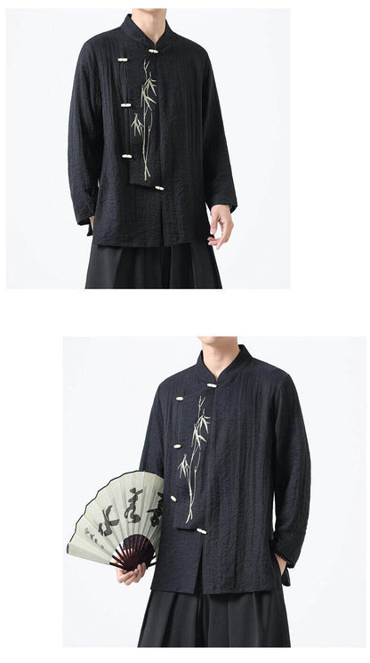Chinese Style Mens Slanted Collar Hanfu Shirt Long Sleeve Tea Dress