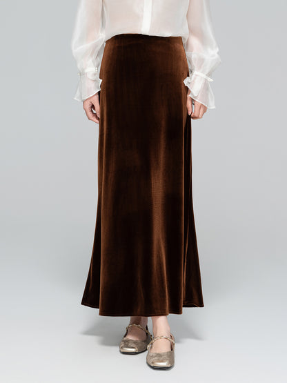 Slimming High-Waist Silk Velvet Midi Skirt for Women