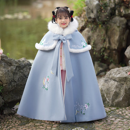 Girls' Winter Hanfu Cloak with Fur Collar Hooded Fairy Cape