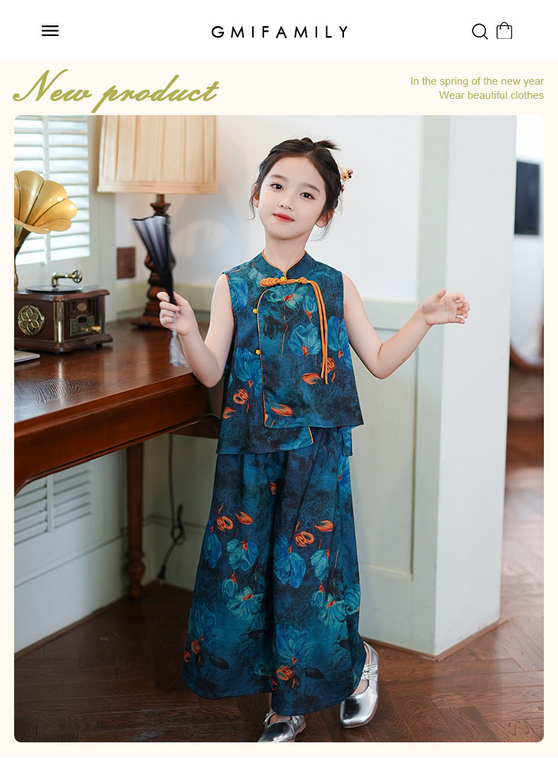 Children’s Summer Hanfu — Floral Top & Comfortable Wide-Leg Pants