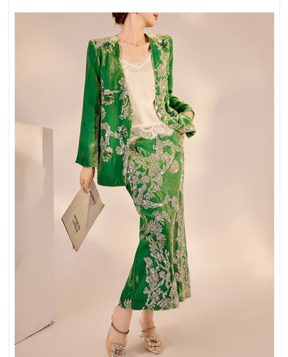 2025 Spring New Chinese Beaded Embroidered Silk Cardigan & Skirt Set