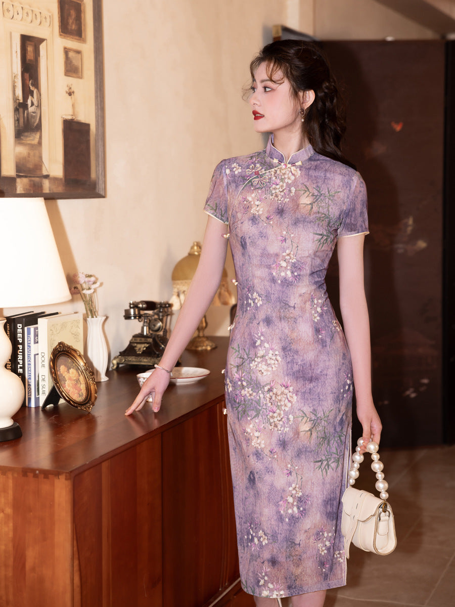 Elegant Dark Green Cheongsam – Retro Spring High-End Dress