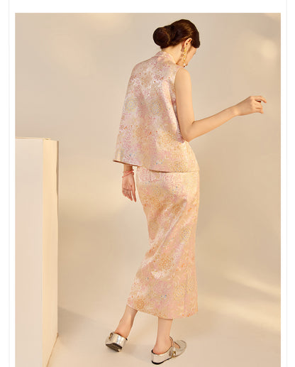 Elegant Beaded Asymmetrical Vest & High Waist Skirt Set