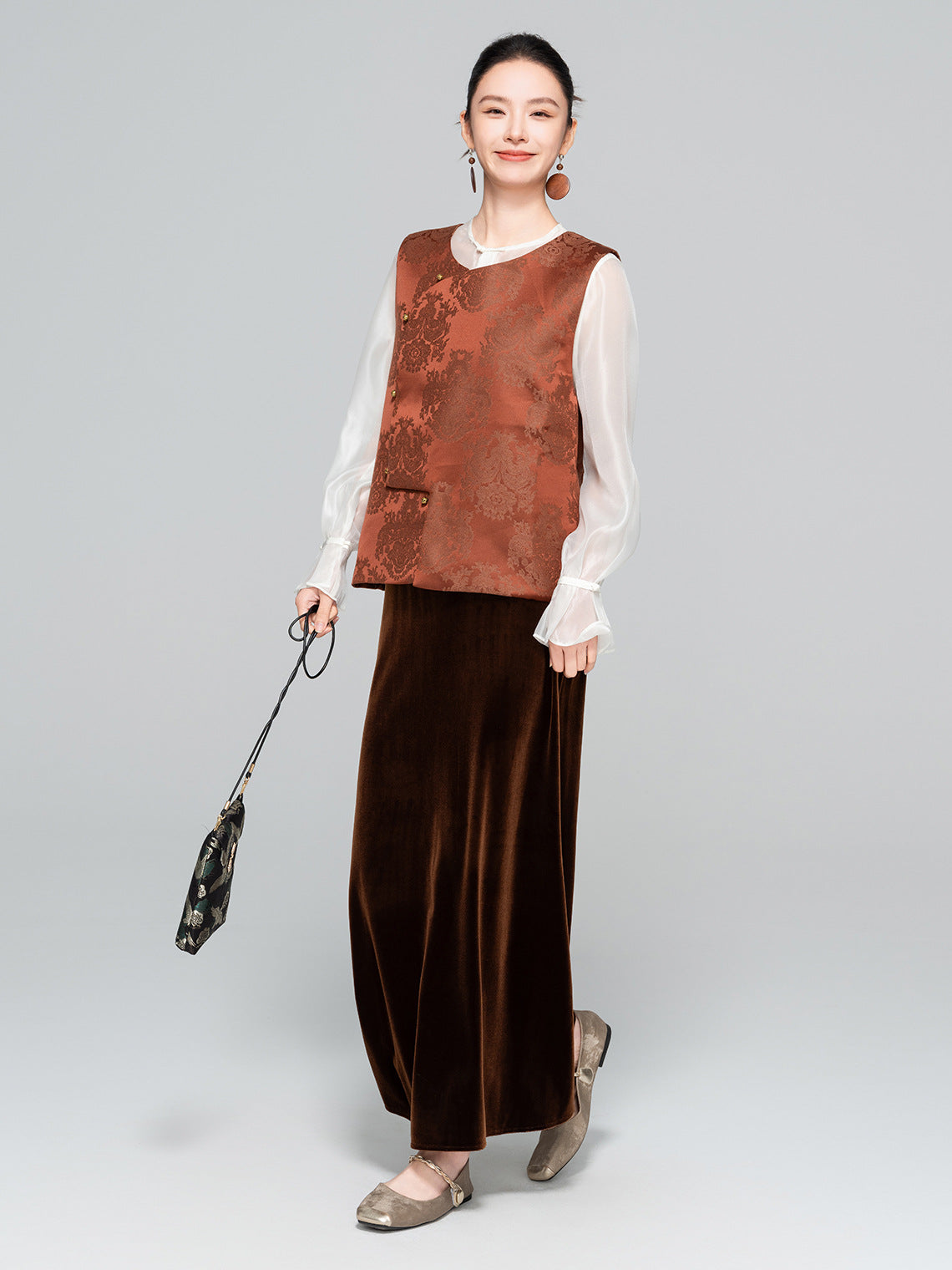 Slimming High-Waist Silk Velvet Midi Skirt for Women