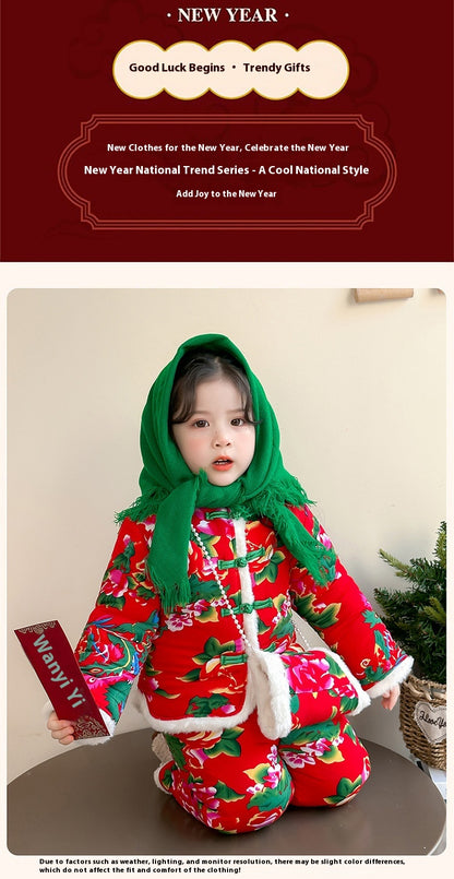 Winter Girls Floral Jacket & Pants Thickened Two-Piece Set