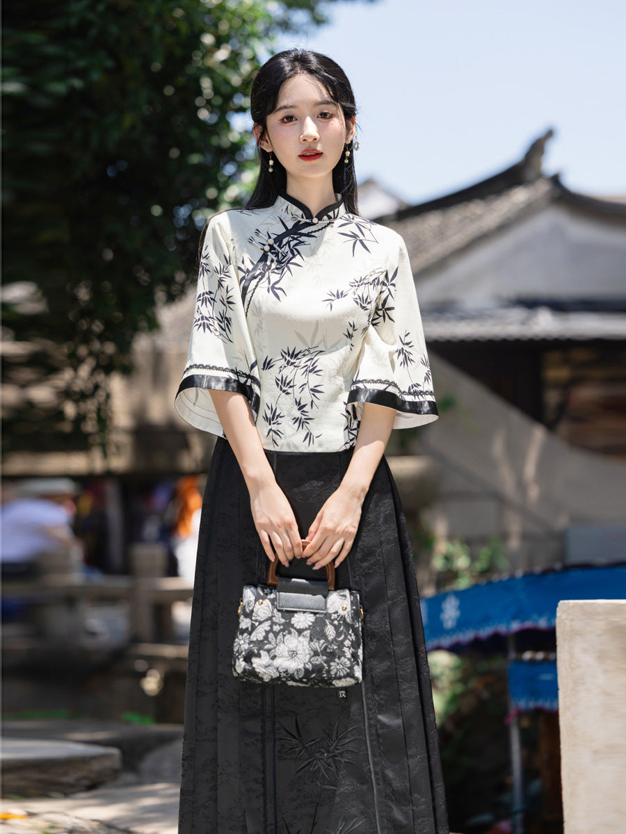 Elegant Improved Cheongsam Top & Hanfu Ink Design Skirt Set