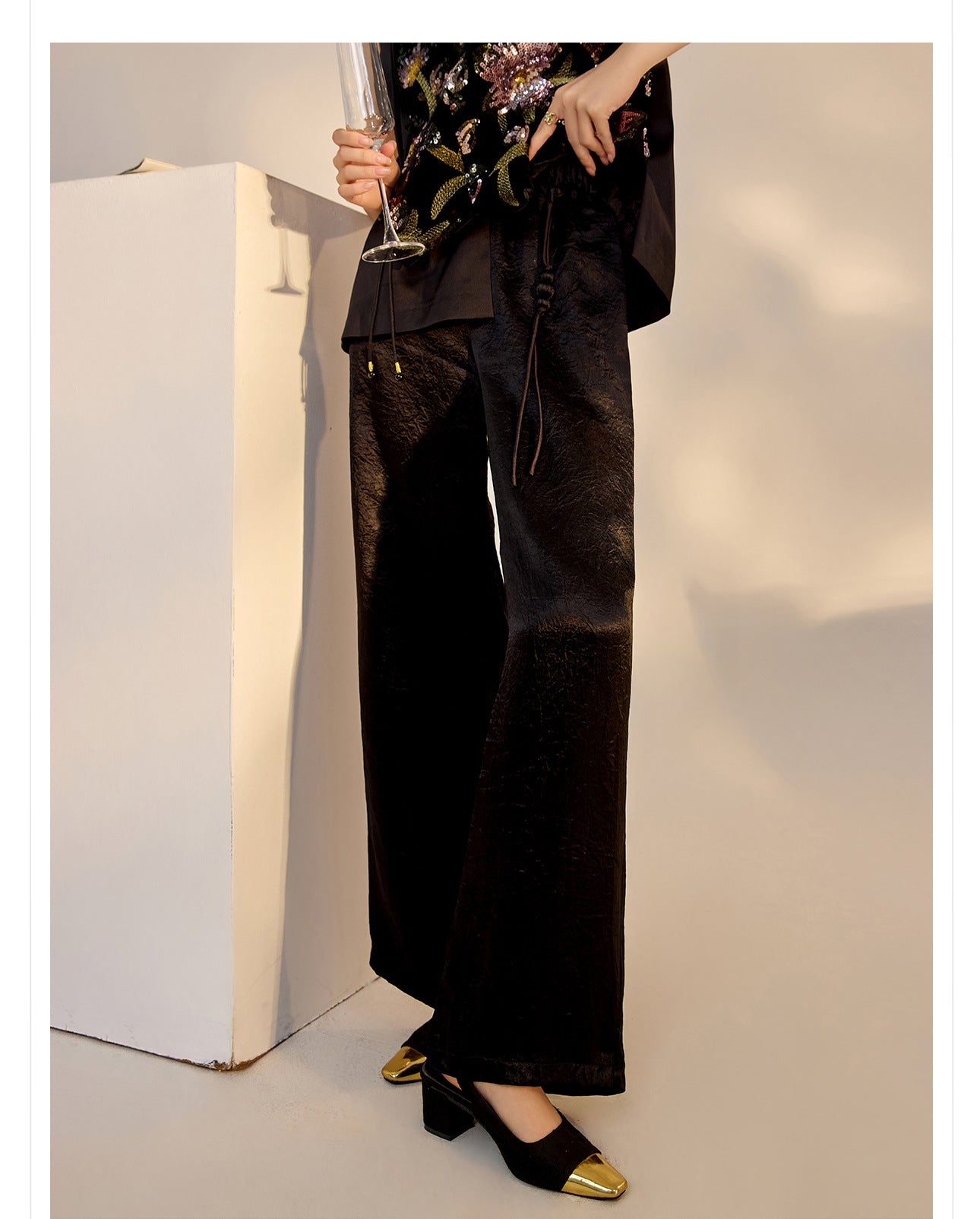 New Chinese Style High-Waist Wide-Leg Acetate Pants for Women