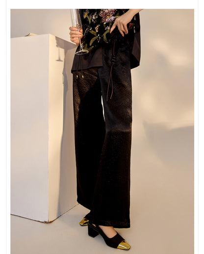 New Chinese Style High-Waist Wide-Leg Acetate Pants for Women